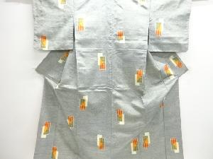 アンティーク　短冊に格子模様織り出し手織り紬着物